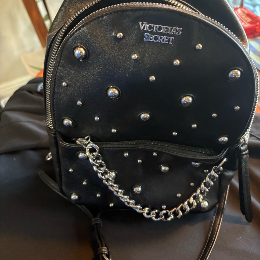 Victoria's Secret Black Mini Studded Backpack with Chain Detail